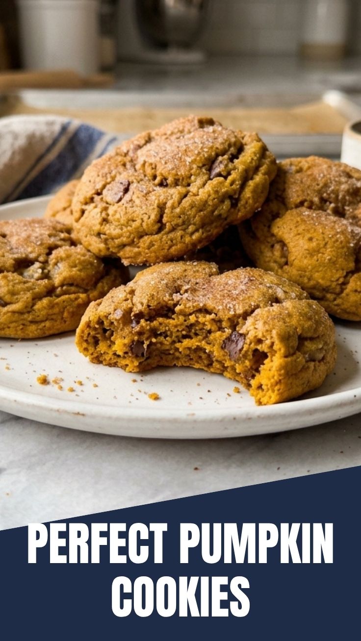 A close-up shot of several homemade pumpkin cookies on a baking sheet, ready to be served.