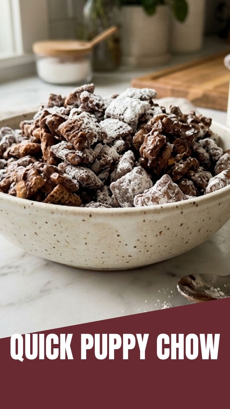 A bowl of delicious Puppy Chow coated in powdered sugar, ready to eat.