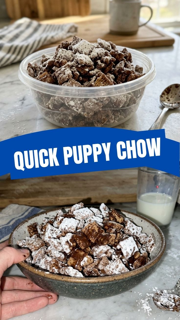 A bowl of classic Puppy Chow (Muddy Buddies) with powdered sugar coating.