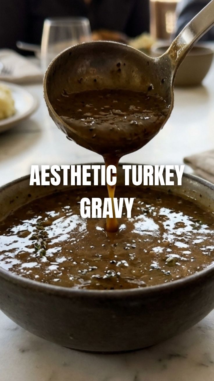 A rich, dark brown turkey gravy in a white ceramic gravy boat.