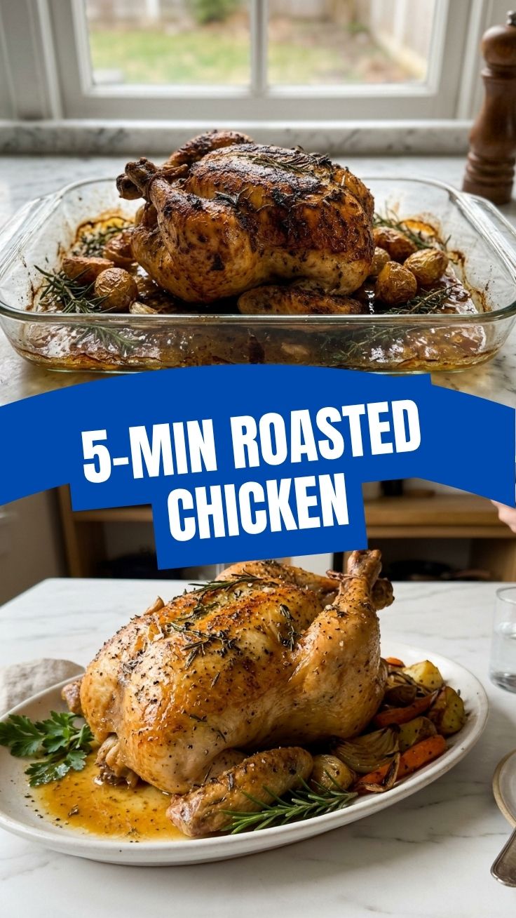 A whole roasted chicken, golden brown with crispy skin, presented on a platter.