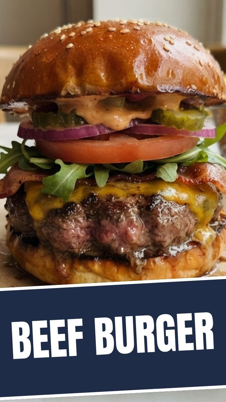 A freshly grilled beef burger with melted cheese and fresh toppings on a bun.