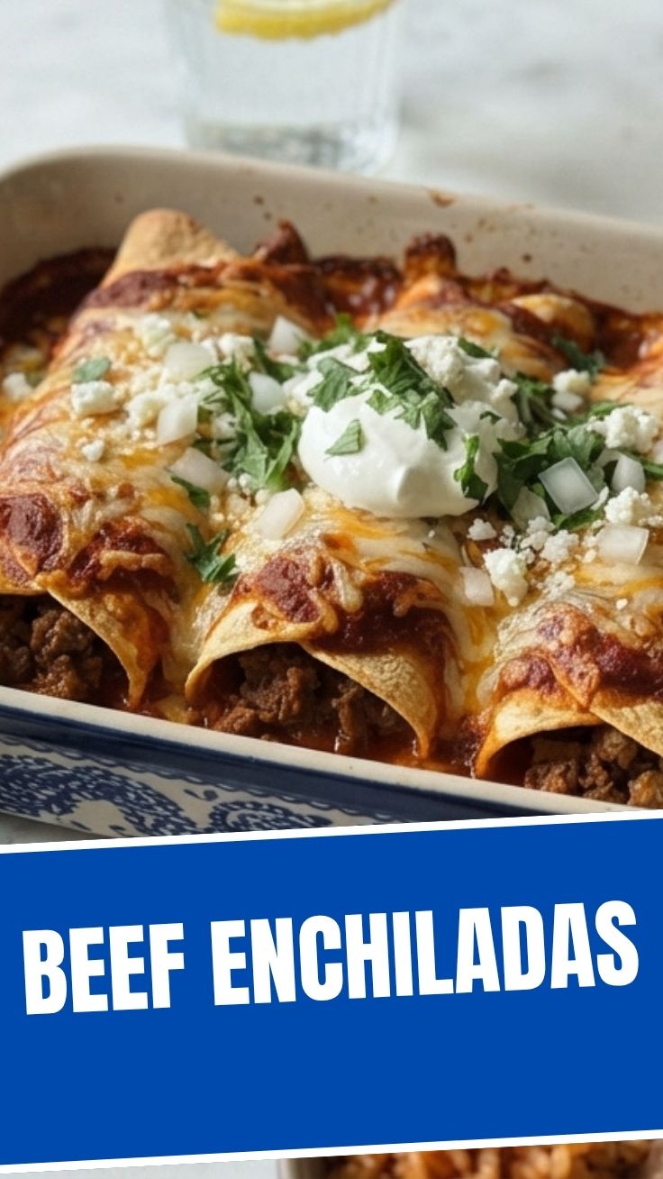 A plate of cheesy beef enchiladas topped with red sauce