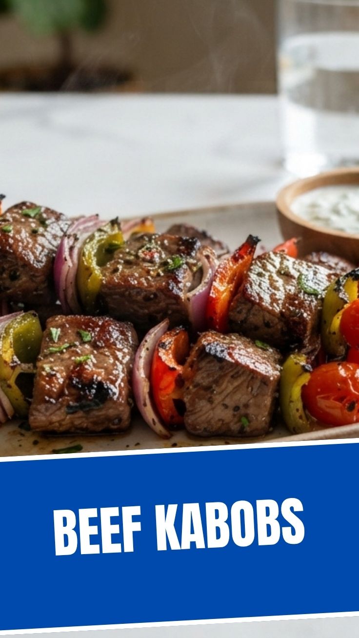 Savory beef kabobs on a wooden board with grilled vegetables