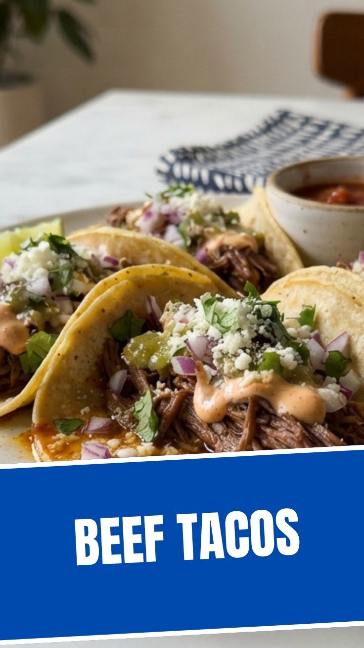 Savory beef tacos with fresh toppings on a wooden board