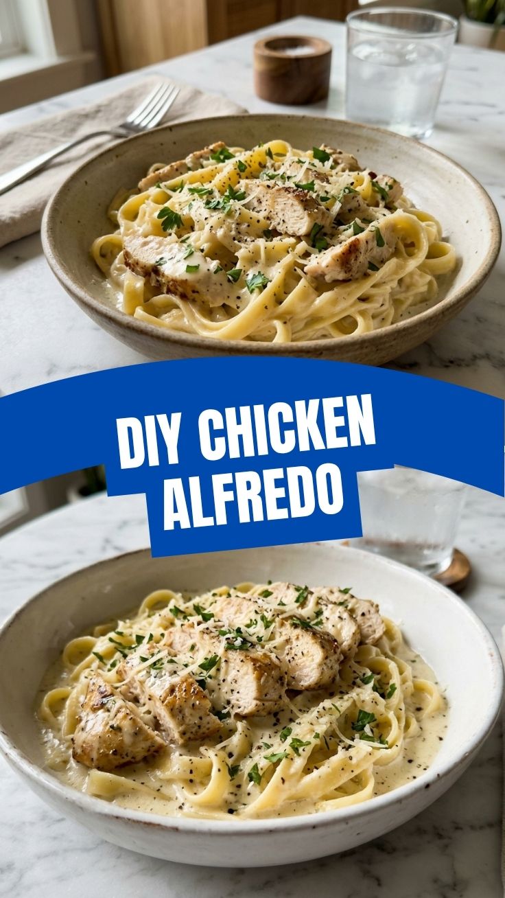 A steaming plate of chicken alfredo with fettuccine pasta and grilled chicken pieces.