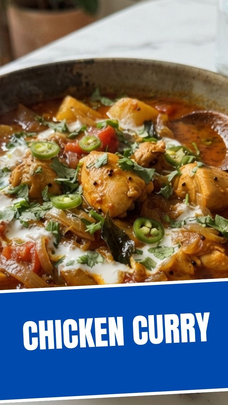 A hot bowl of chicken curry with rich sauce and tender chicken pieces.