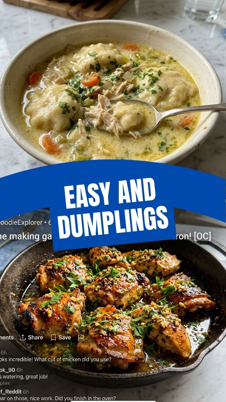 A steaming bowl of chicken and dumplings with vegetables