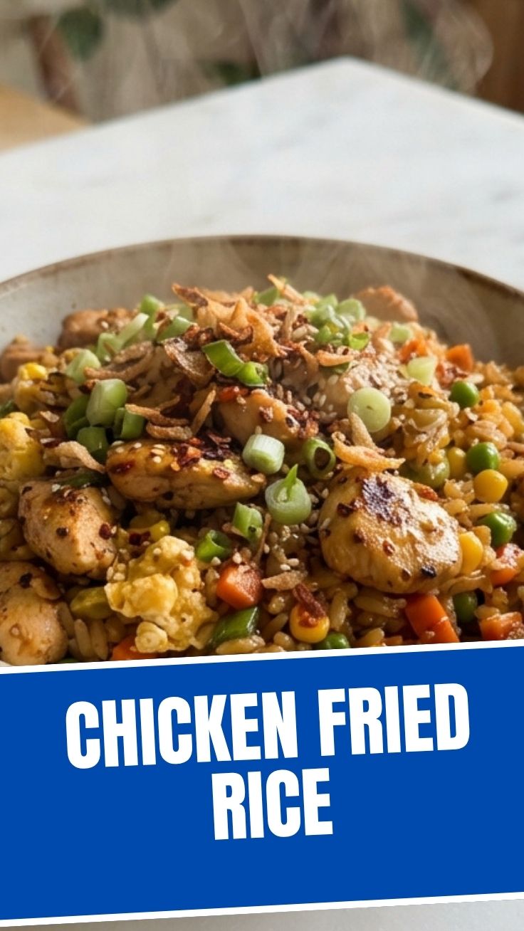 A serving of savory chicken fried rice in a white bowl with a spoon