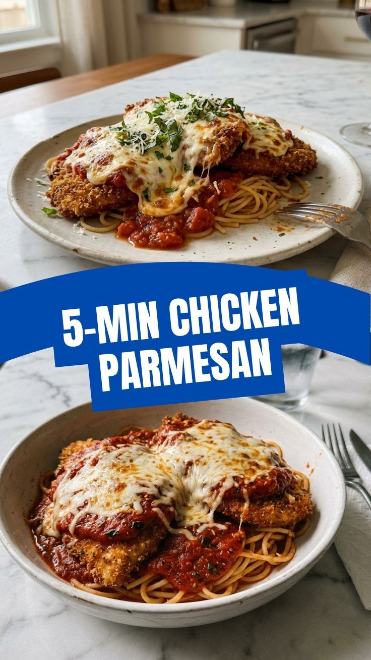 A plate with a golden-brown chicken parmesan topped with melted cheese and marinara sauce.