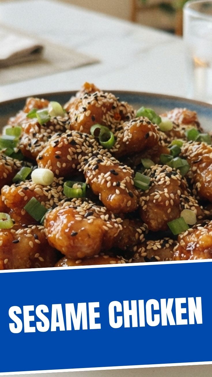 A plate of savory sesame chicken with a glossy sauce and sesame seeds.