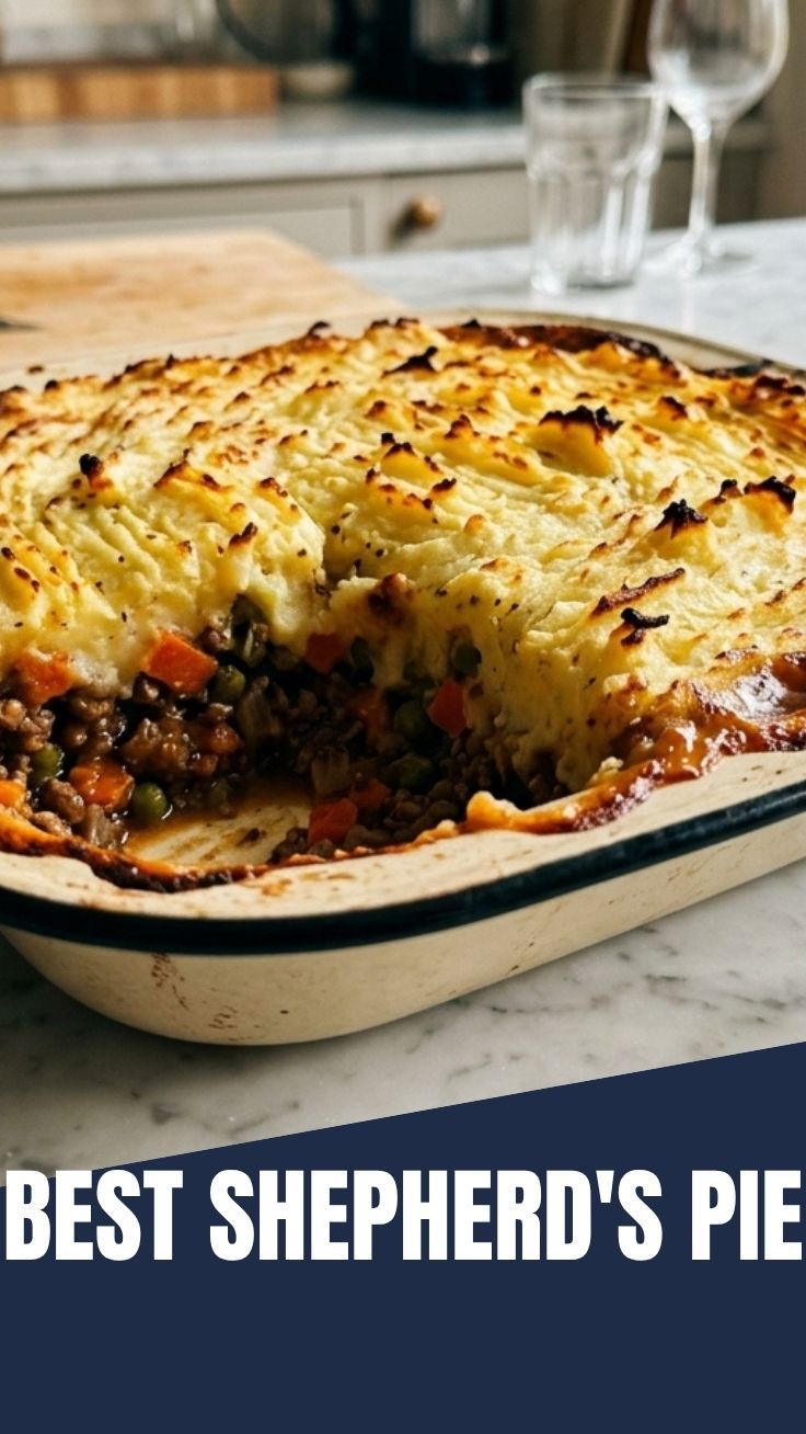 A freshly baked shepherd's pie with a golden-brown mashed potato topping.