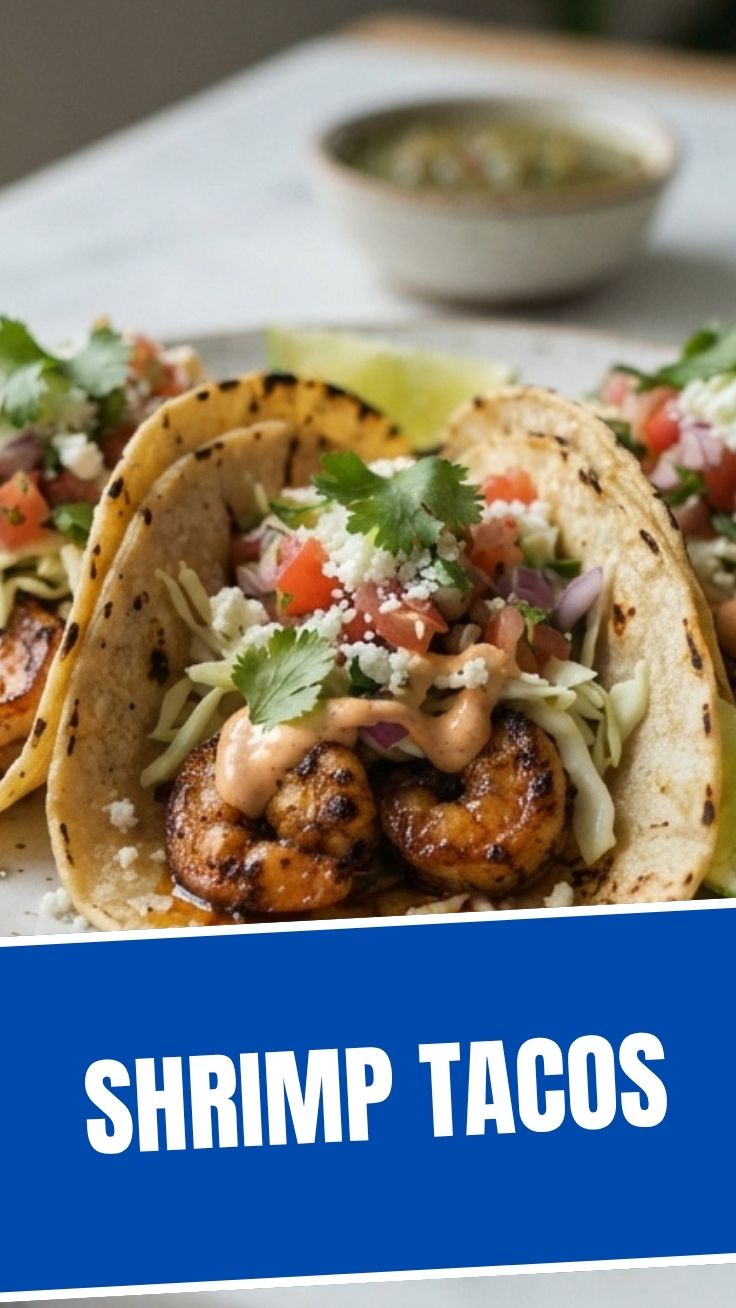A close-up shot of two delicious shrimp tacos on a plate, garnished with cilantro and lime wedges.