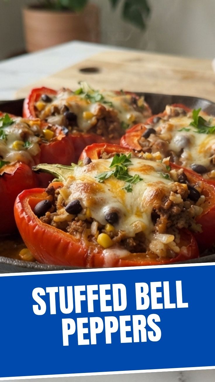 A vibrant dish of stuffed bell peppers, ready to be served.