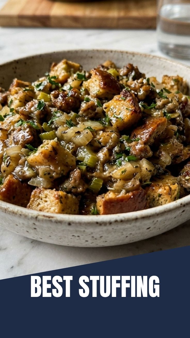 A bowl of savory, golden-brown stuffing, rich with herbs and spices.