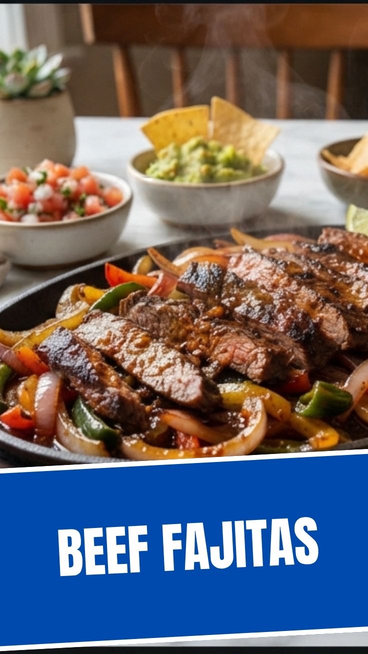 Sizzling Beef Fajitas in a hot cast iron skillet