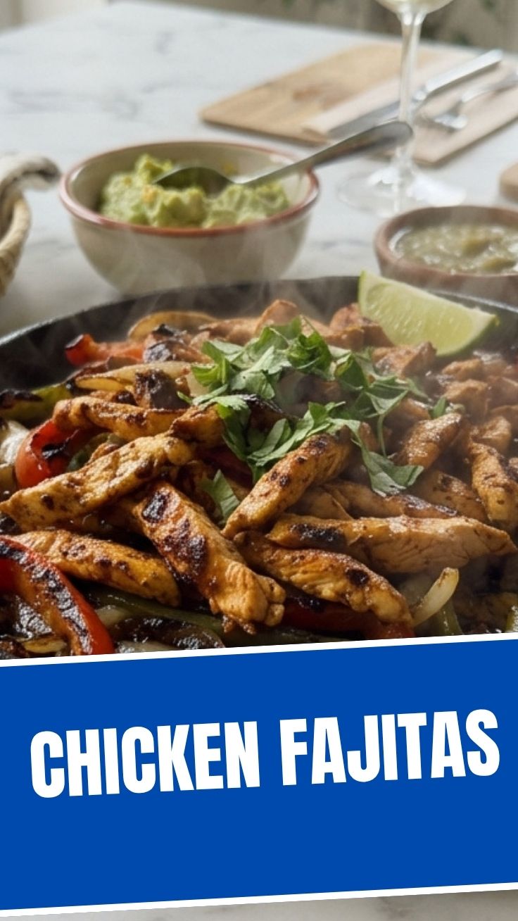 Platter of sizzling chicken fajitas with peppers and onions