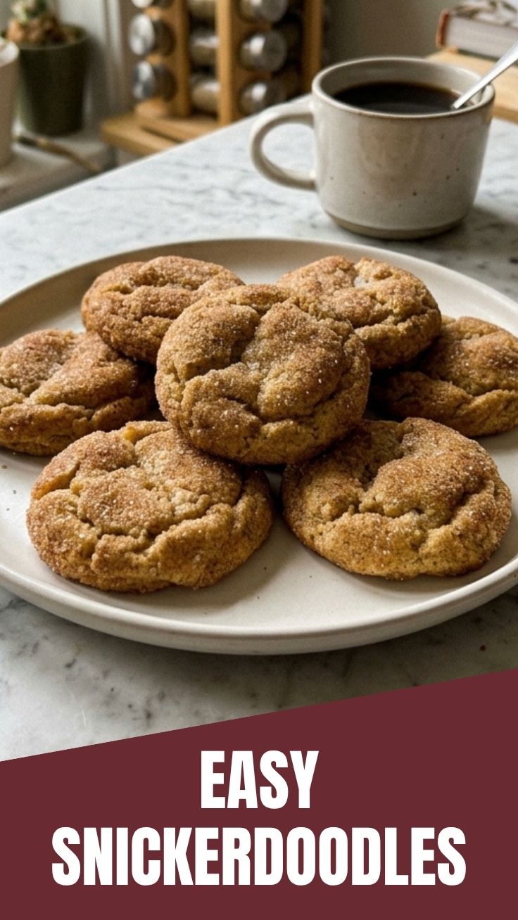 A plate of freshly baked Snickerdoodles dusted with cinnamon sugar.