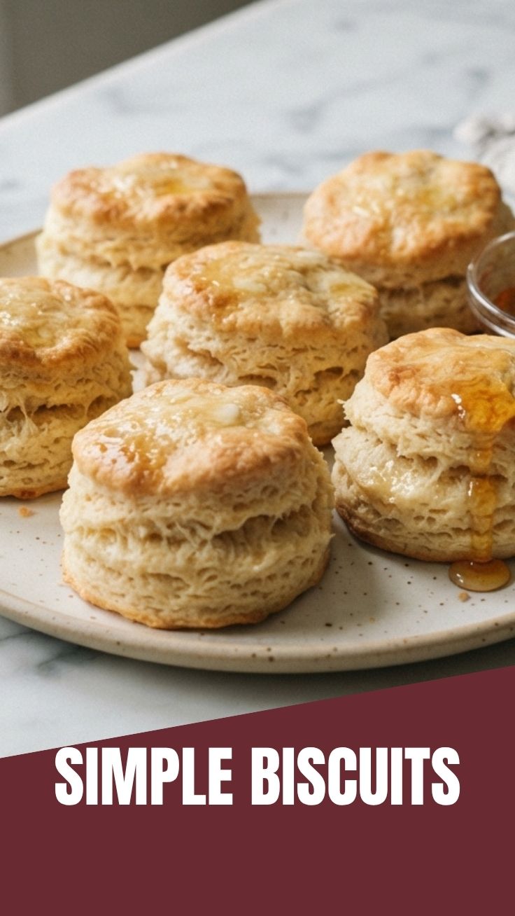Golden brown biscuits stacked on a wooden board