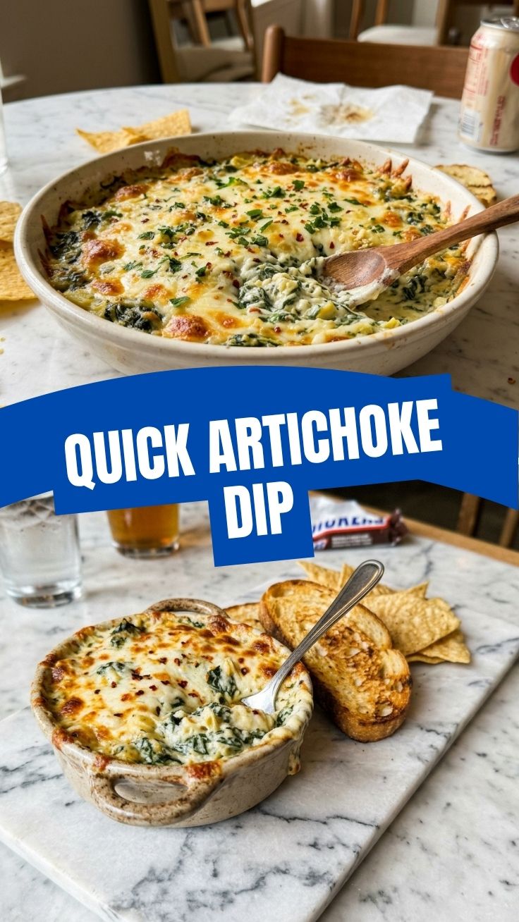 A hot and creamy spinach artichoke dip in a baking dish, ready to serve