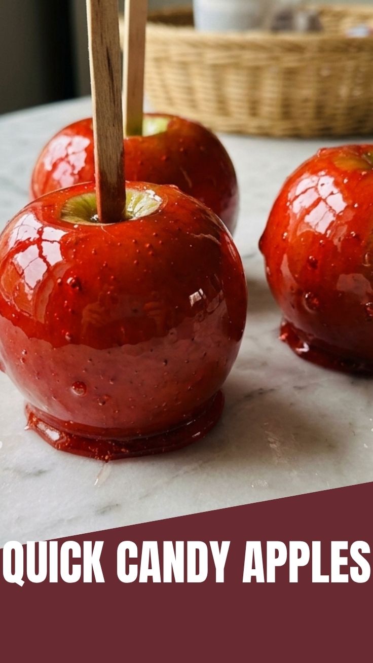 A bright red candy apple on a stick, glistening with a hard shell.