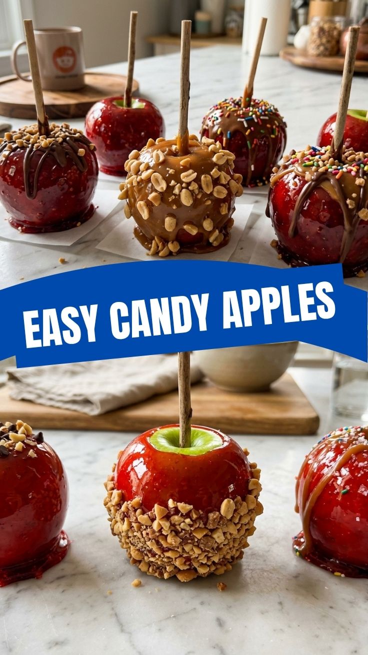 Perfectly glossy candy apples arranged on parchment paper