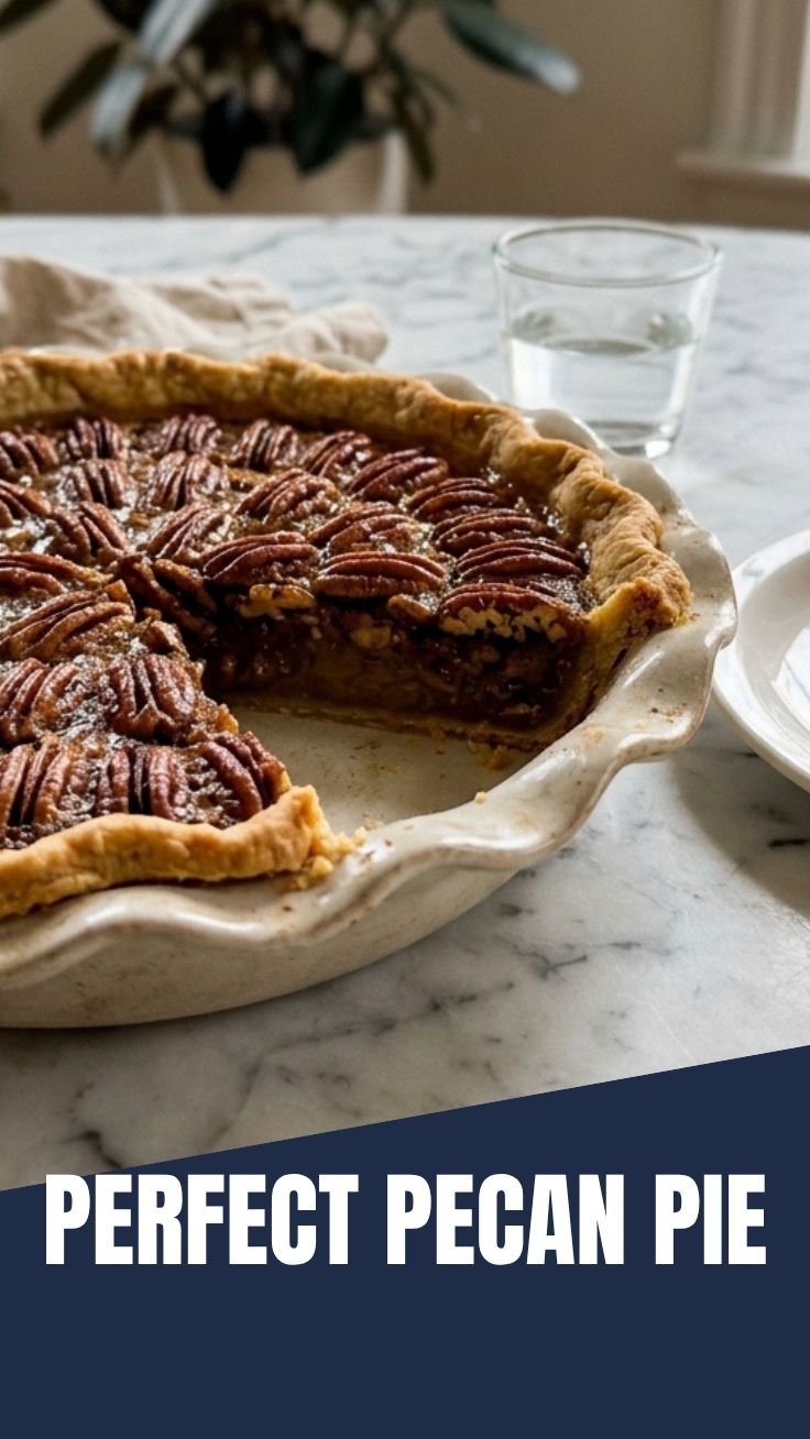A delectable pecan pie with a golden-brown crust and glistening pecan topping.