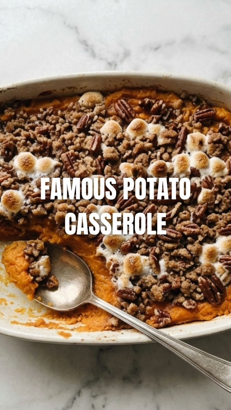 A bubbling sweet potato casserole, golden brown and topped with marshmallows.
