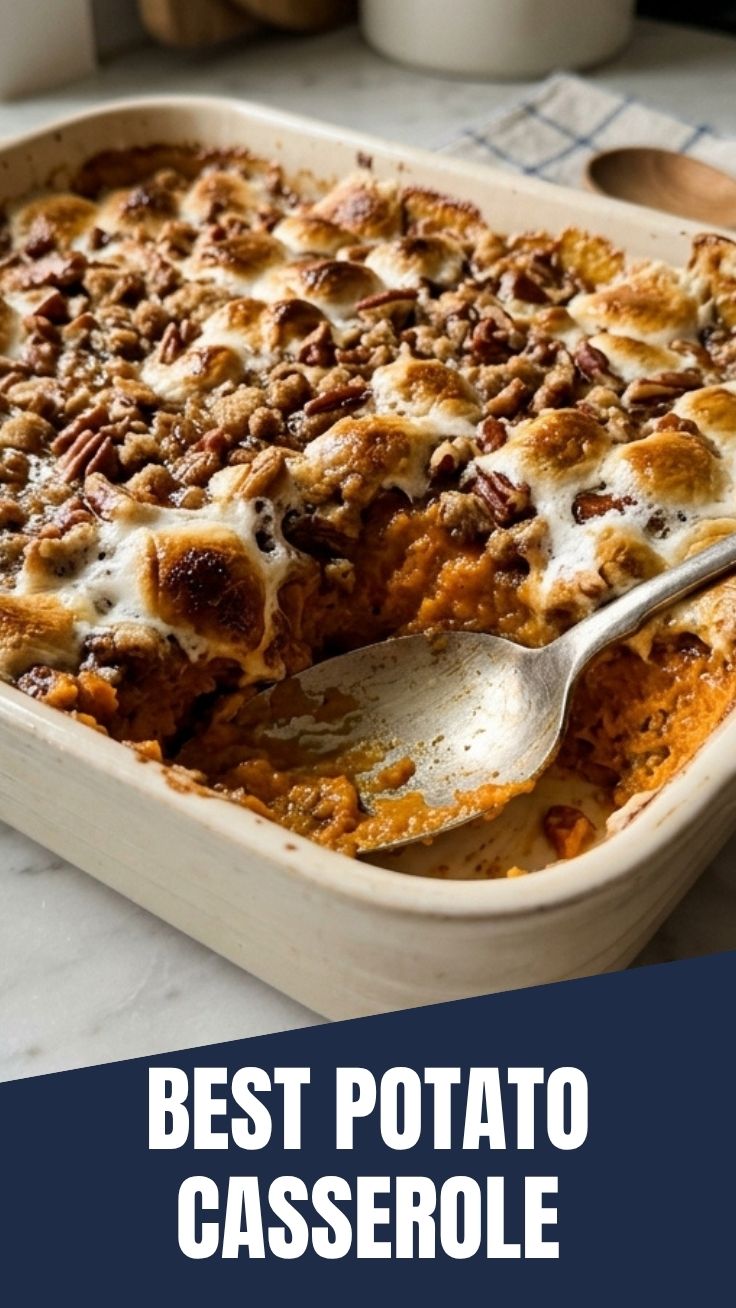 A bubbling sweet potato casserole topped with toasted marshmallows, ready to serve.