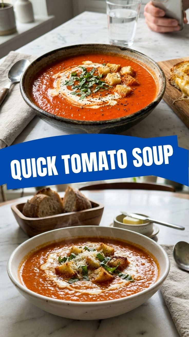 A steaming bowl of homemade tomato soup with a grilled cheese sandwich dipping in – pure comfort food