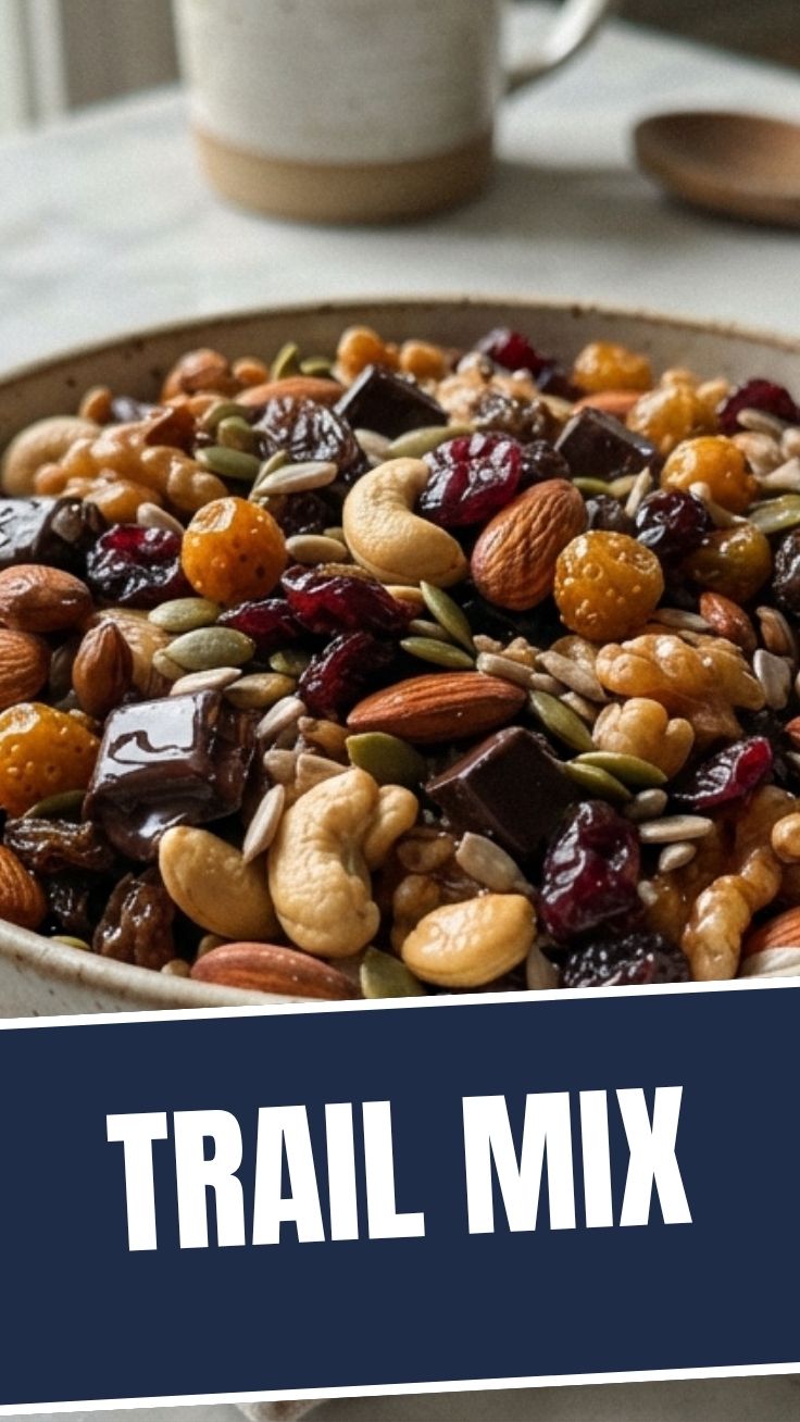 A colorful assortment of nuts, seeds, and dried fruits, forming trail mix in a bowl.