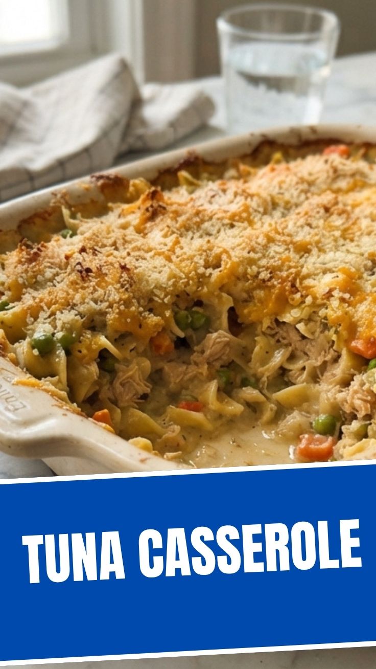 Golden baked tuna casserole in a ceramic dish, with crispy breadcrumb topping and peas visible