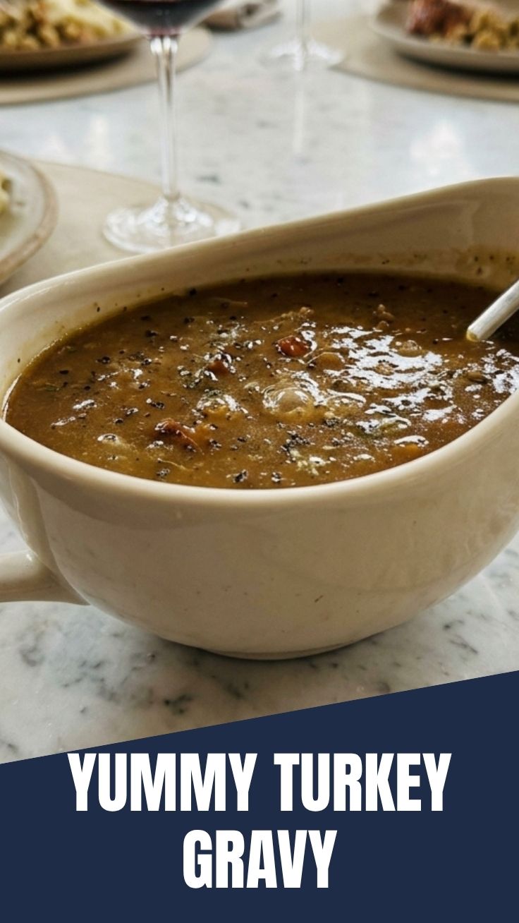 A close-up of a rich, dark brown turkey gravy in a white porcelain gravy boat.