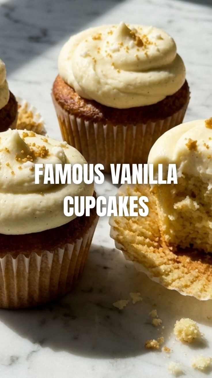 A trio of frosted vanilla cupcakes arranged elegantly on a white platter.
