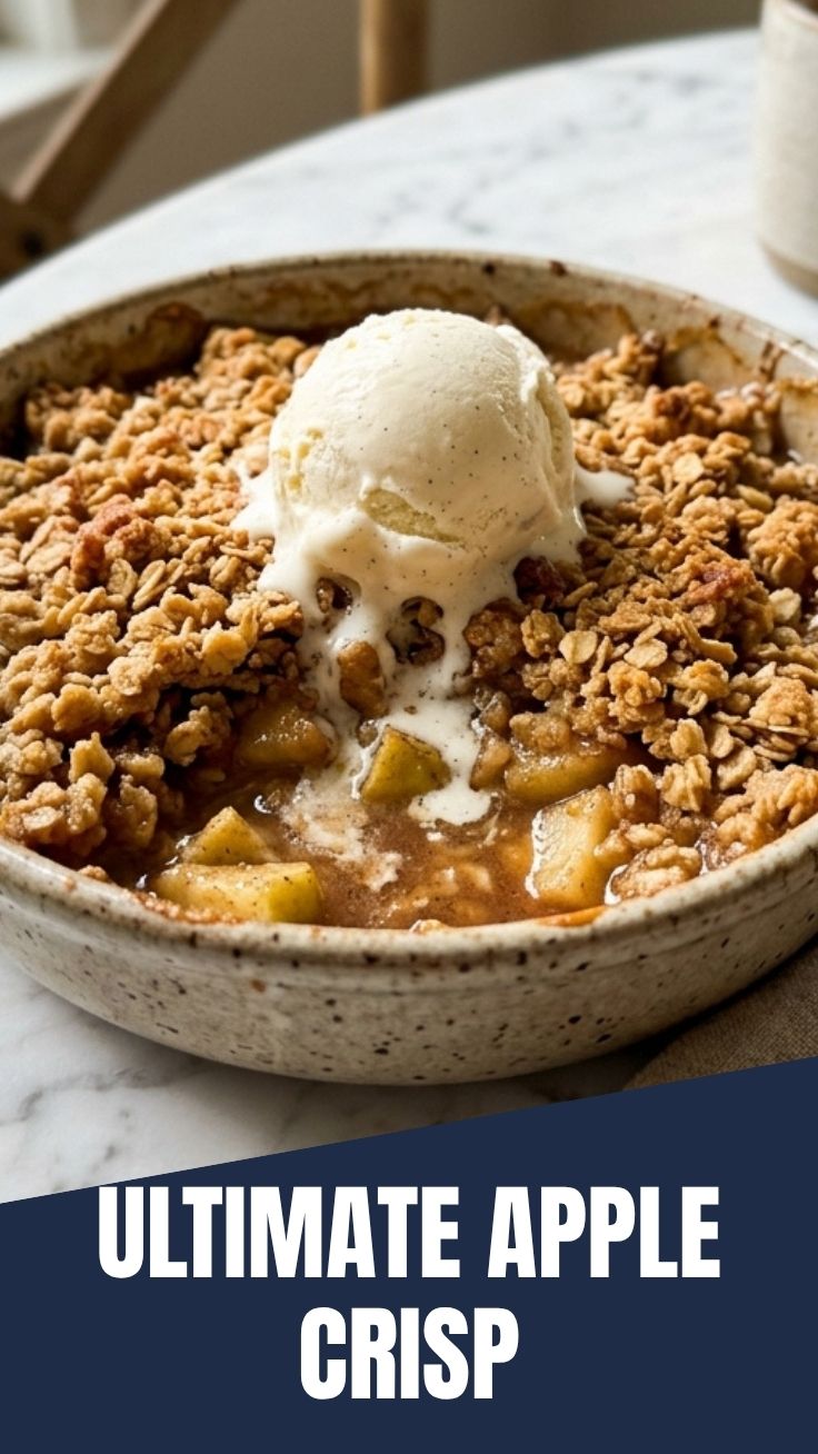 A warm apple crisp with golden-brown topping in a baking dish