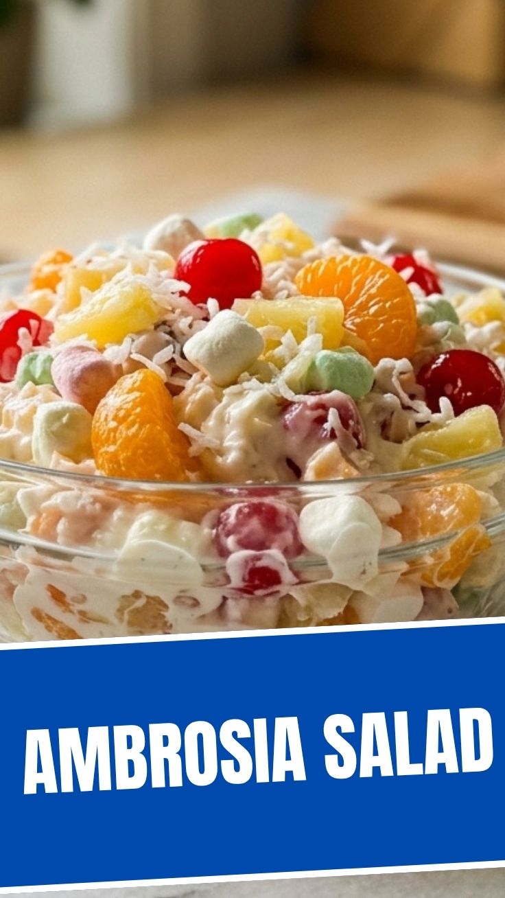 Ambrosia salad with fruit and marshmallows in a glass bowl
