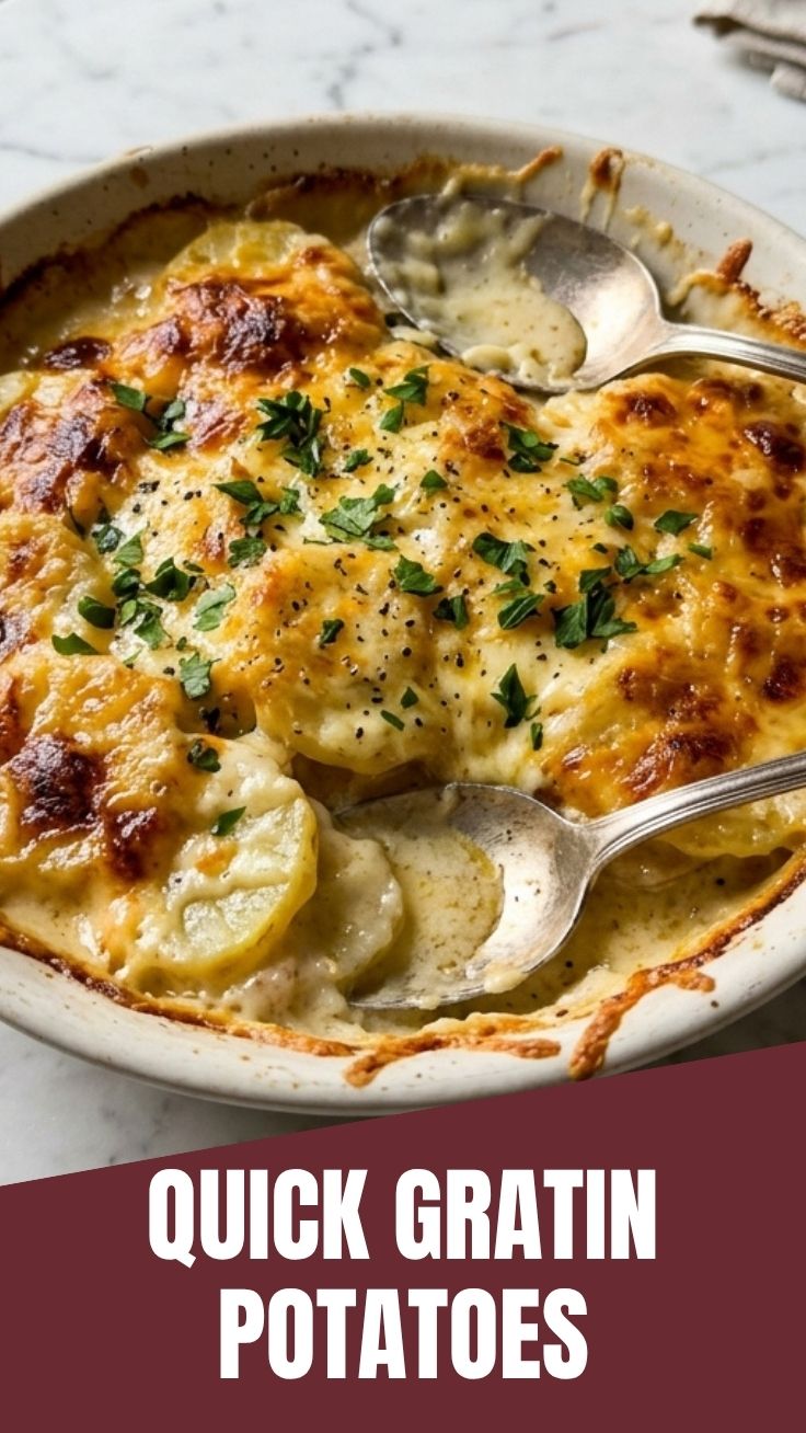 A dish of creamy au gratin potatoes with a golden-brown top, bubbling hot.
