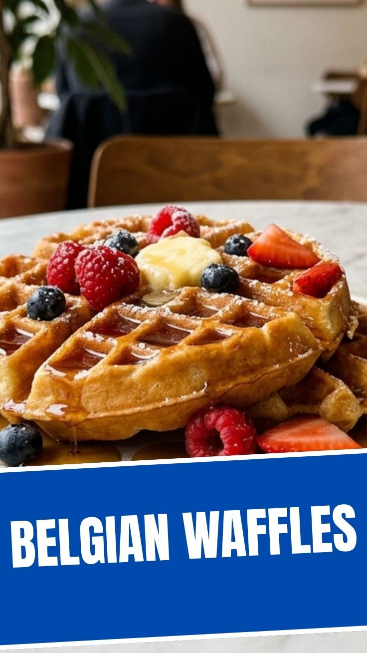 Belgian waffles dusted with powdered sugar
