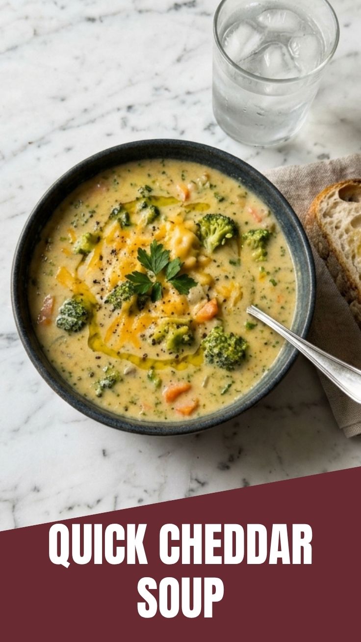 Bowl of creamy broccoli cheddar soup with melted cheese