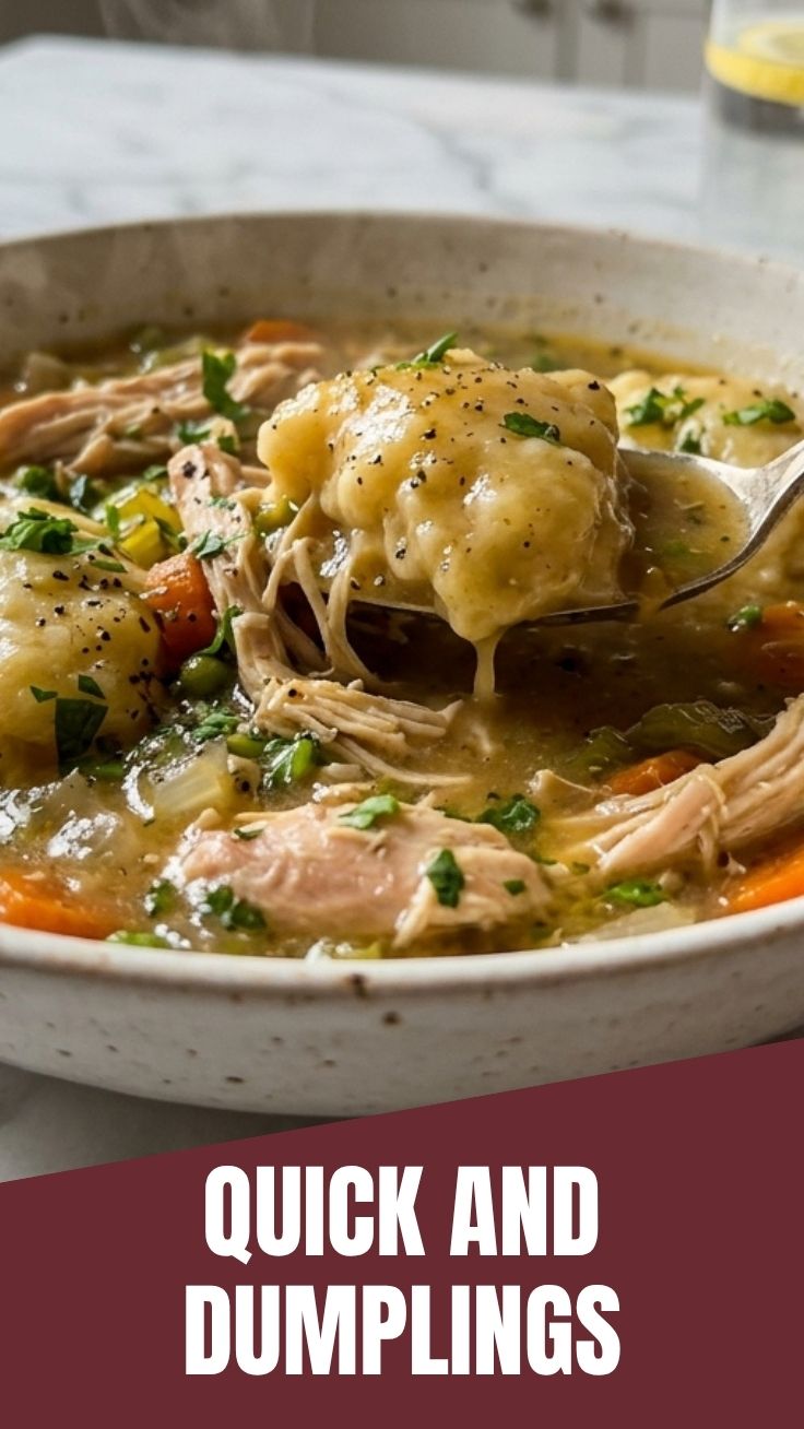 A steaming bowl of chicken and dumplings with vegetables