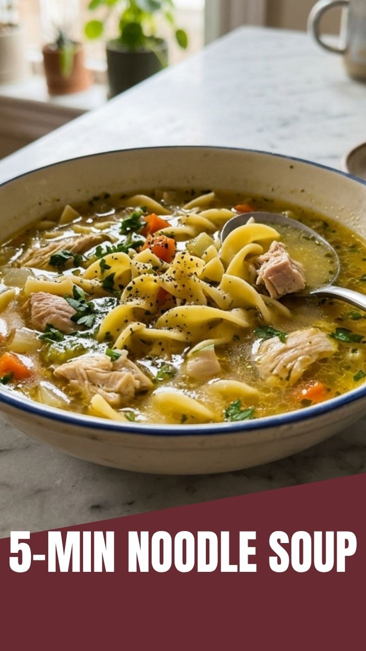 A steaming bowl of chicken noodle soup with fresh herbs.