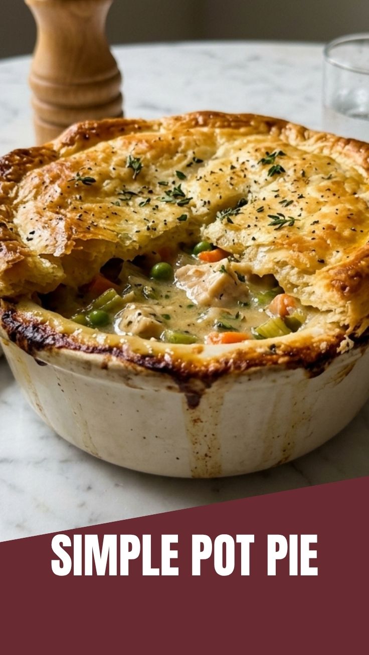 A golden-crusted chicken pot pie fresh from the oven, with steam rising.