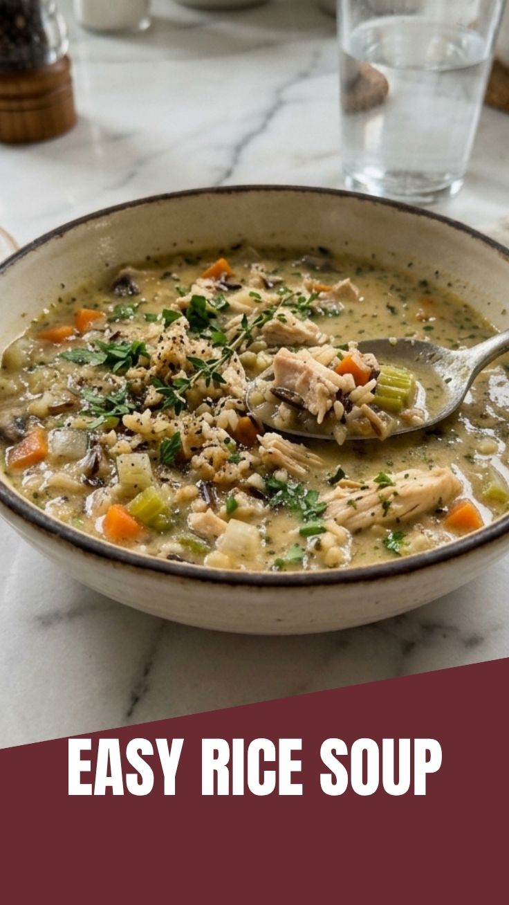 A steaming bowl of chicken wild rice soup garnished with fresh herbs.