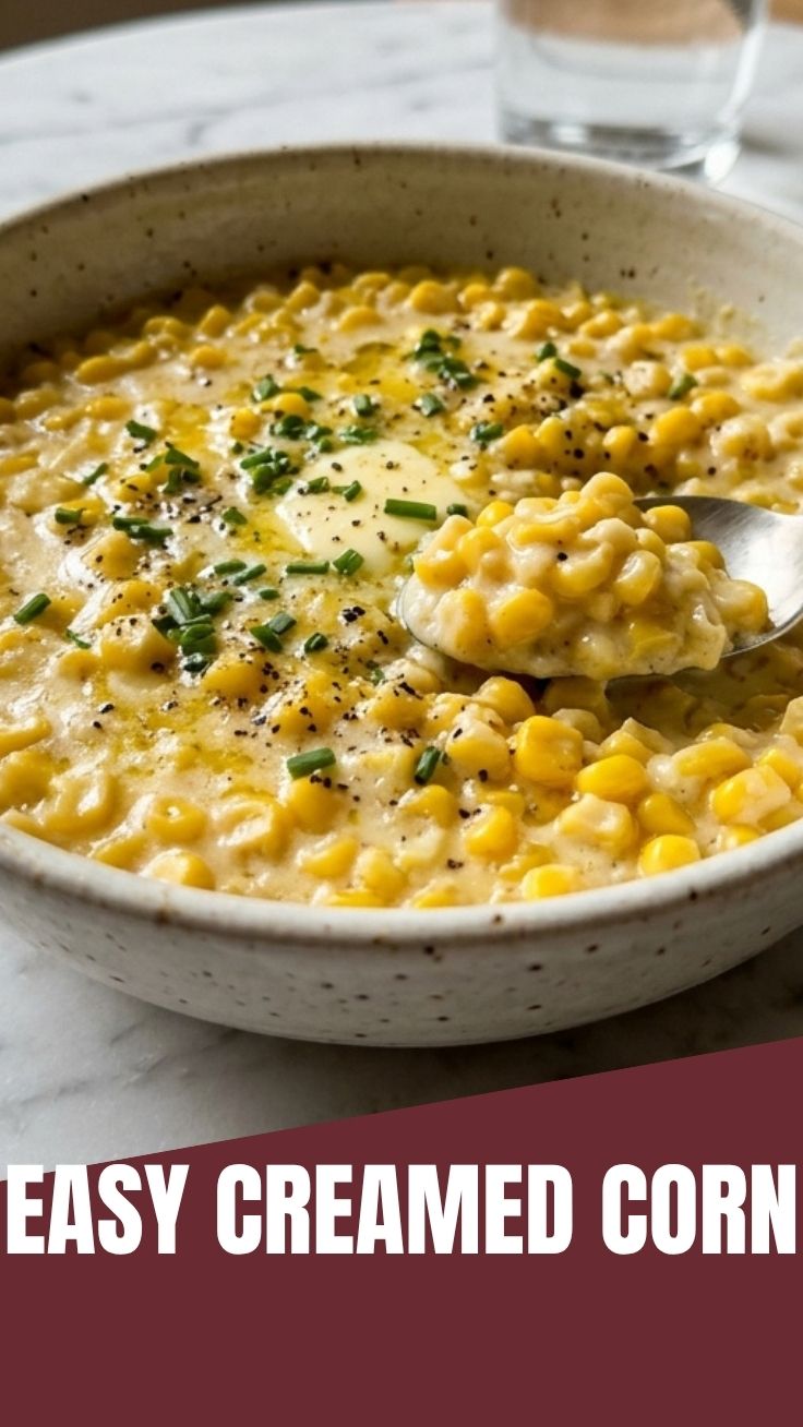 A bowl of creamy, sweet creamed corn with kernels visible.