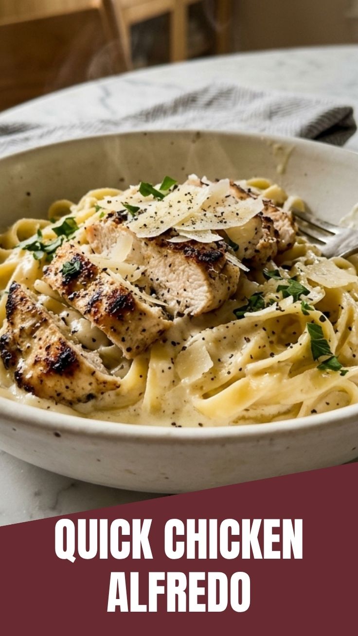 Creamy Chicken Alfredo in a white bowl