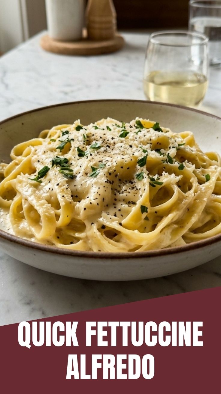 A serving of creamy fettuccine alfredo garnished with parsley