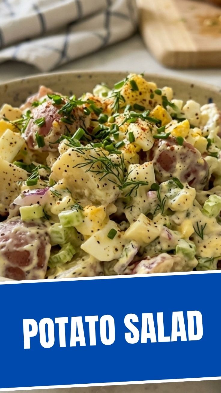 A bowl of creamy potato salad garnished with fresh herbs