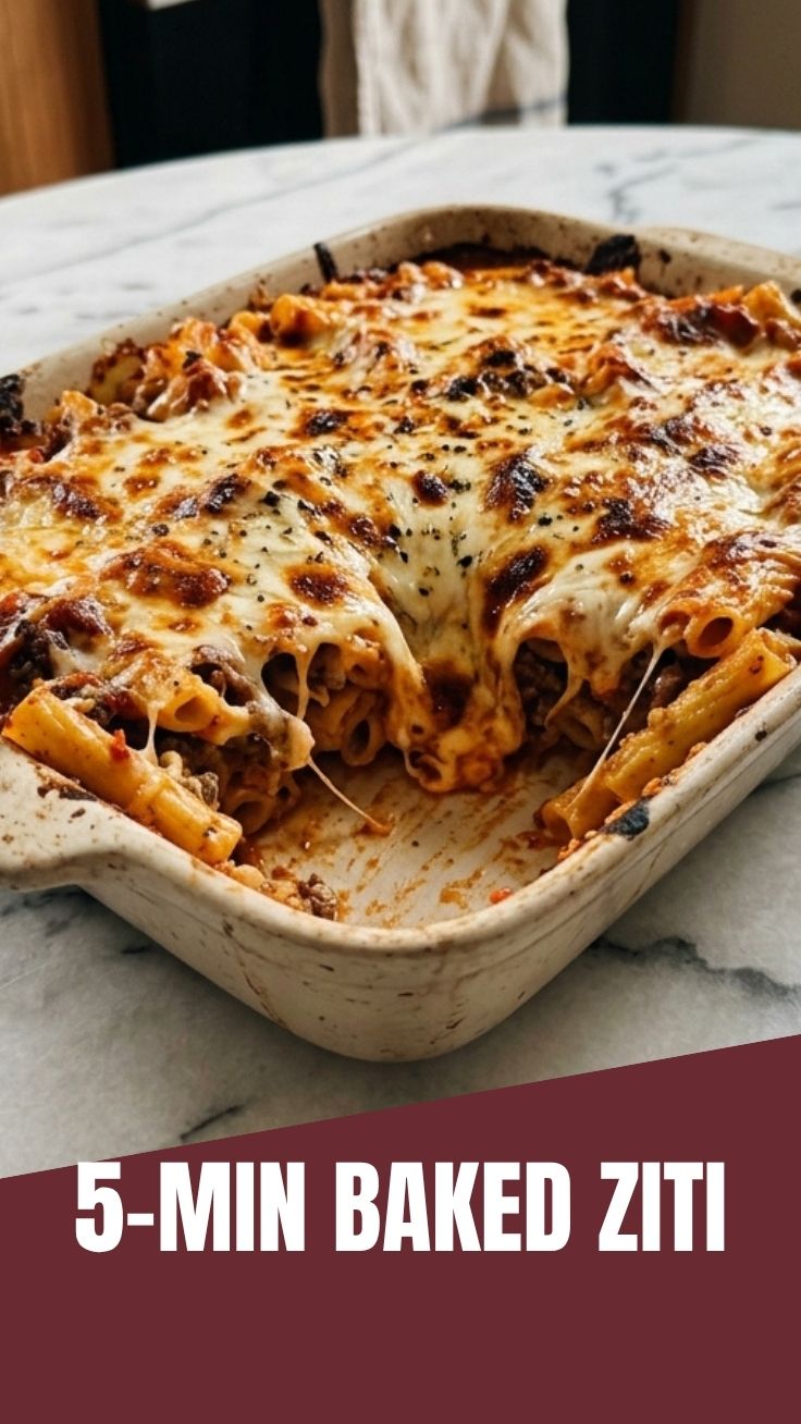 A steaming dish of baked ziti with melted cheese and rich tomato sauce.