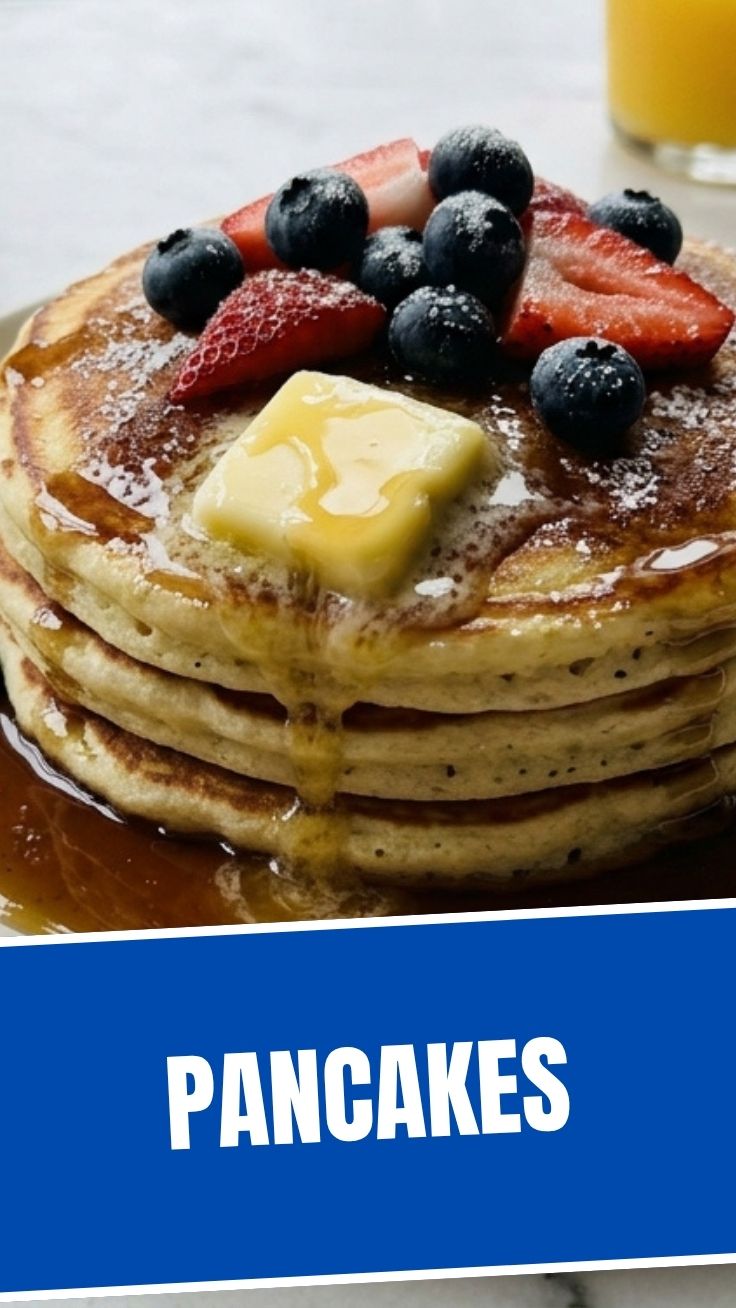 Fluffy pancakes stack with butter and syrup