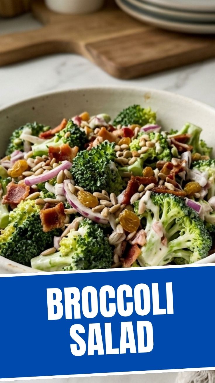 Fresh broccoli salad bowl with creamy dressing and crunchy toppings